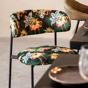 LABEL51 Eetkamerstoel Ferry - Printed Flamingo - Fluweel - Zwart Metaal